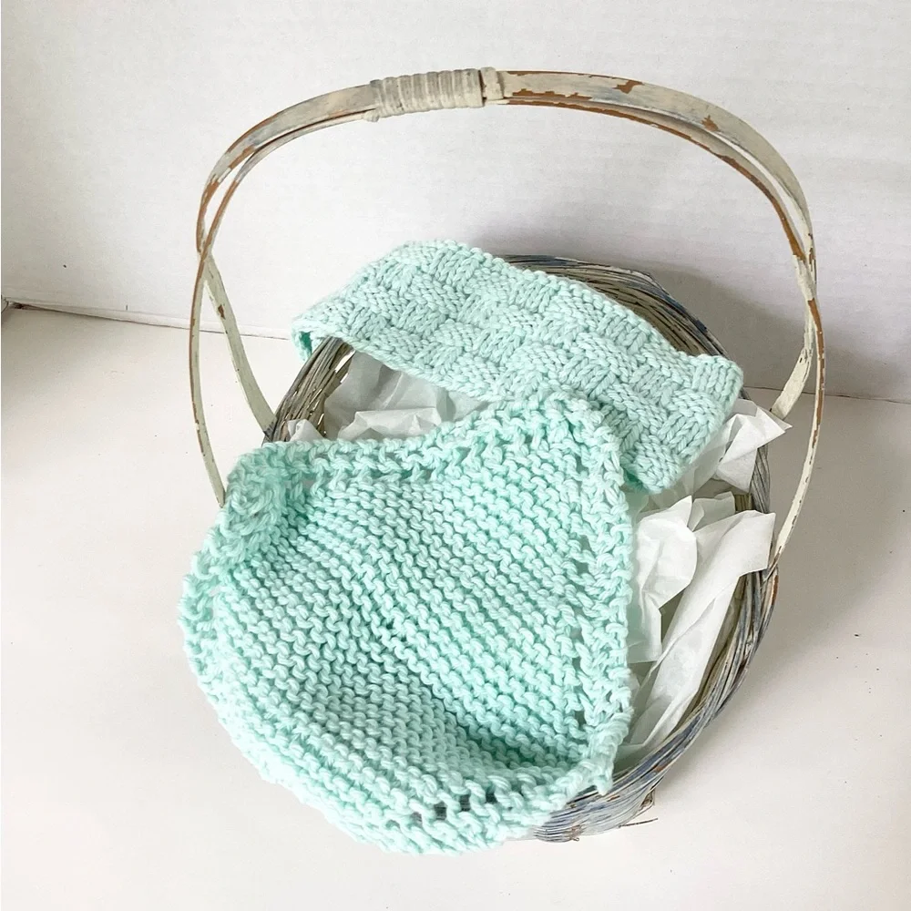 Skincare Washcloth Headband Spa Set Hand Crafted Teal Mint Green Knit Cotton